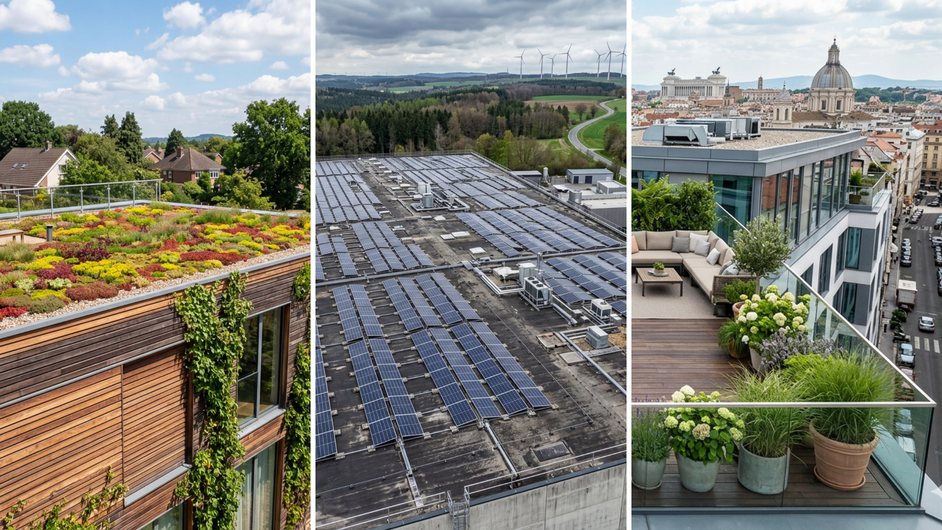 Vergleich moderner Flachdach-Nutzung: begrüntes Dach mit Sedum-Pflanzen, Flachdach mit Solaranlage und urbane Dachterrasse mit Möbeln und Pflanzen in der Stadt