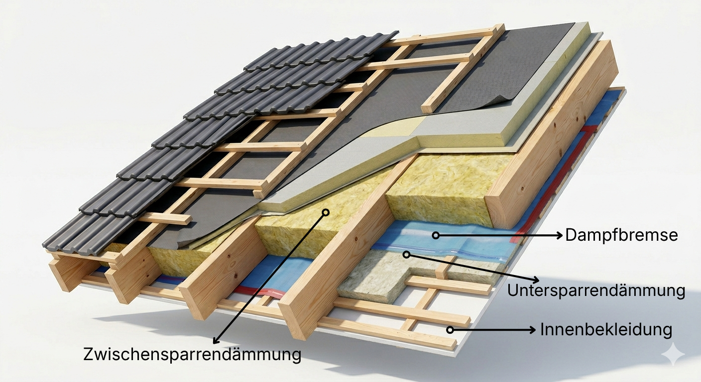 3D-Darstellung eines Dachaufbaus mit Untersparrendämmung und Holzkonstruktion