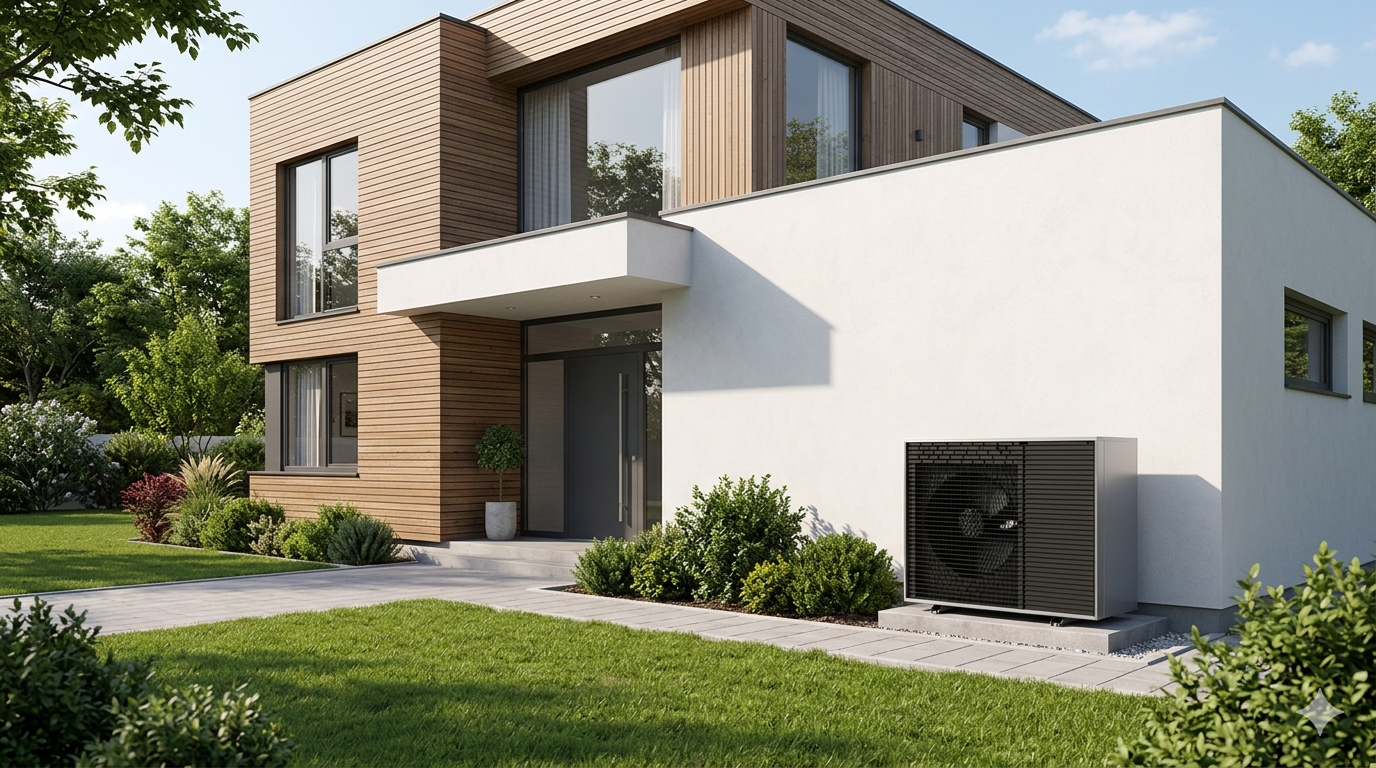 Daikin Altherma IV Luft-Wasser-Wärmepumpe neben energieeffizientem Einfamilienhaus mit zeitgemäßer Architektur und gepflegter Gartenanlage.
