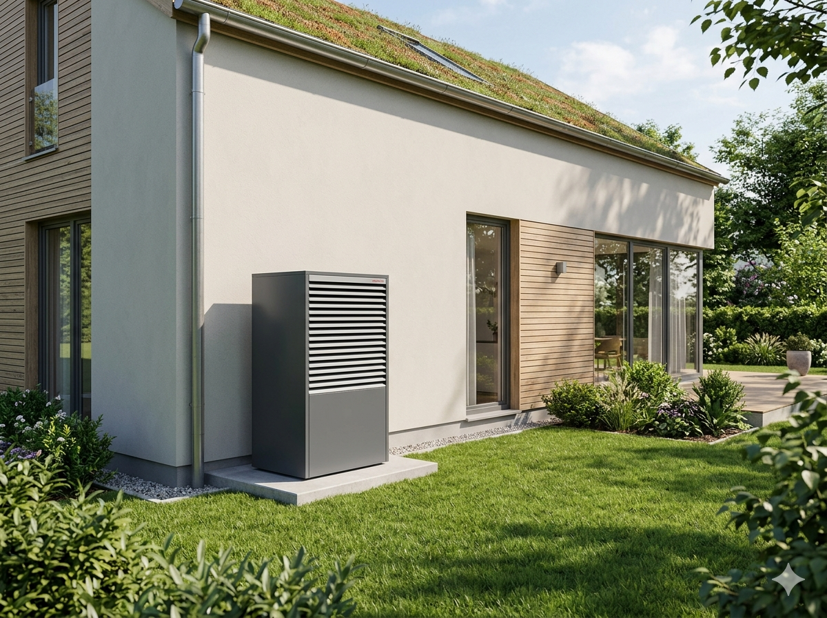 Weishaupt Aeroblock Luft-Wasser-Wärmepumpe neben modernem Einfamilienhaus mit gepflegtem Garten und grüner Rasenfläche.
