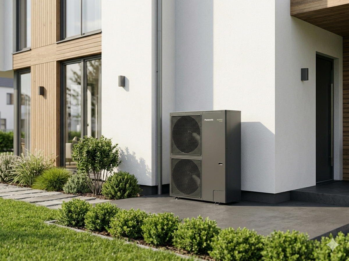 Panasonic Aquarea M Luft-Wasser-Wärmepumpe neben modernem Einfamilienhaus mit weißer Fassade und gepflegter Gartenanlage.