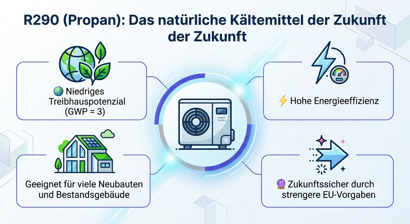 Infografik zu R290 (Propan) als Kältemittel für Wärmepumpen mit Vorteilen wie niedrigem Treibhauspotenzial, hoher Energieeffizienz und Zukunftssicherheit.