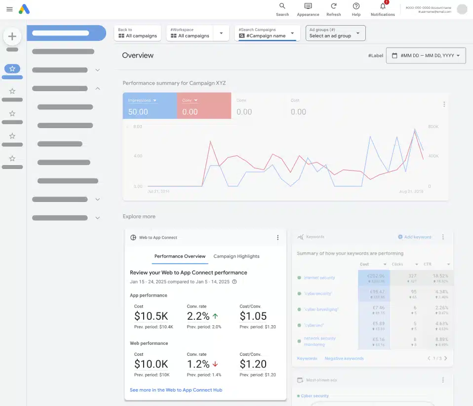 Capture d'écran de la nouvelle interface Google Ads montrant la carte de synthèse comparant les performances web et app.