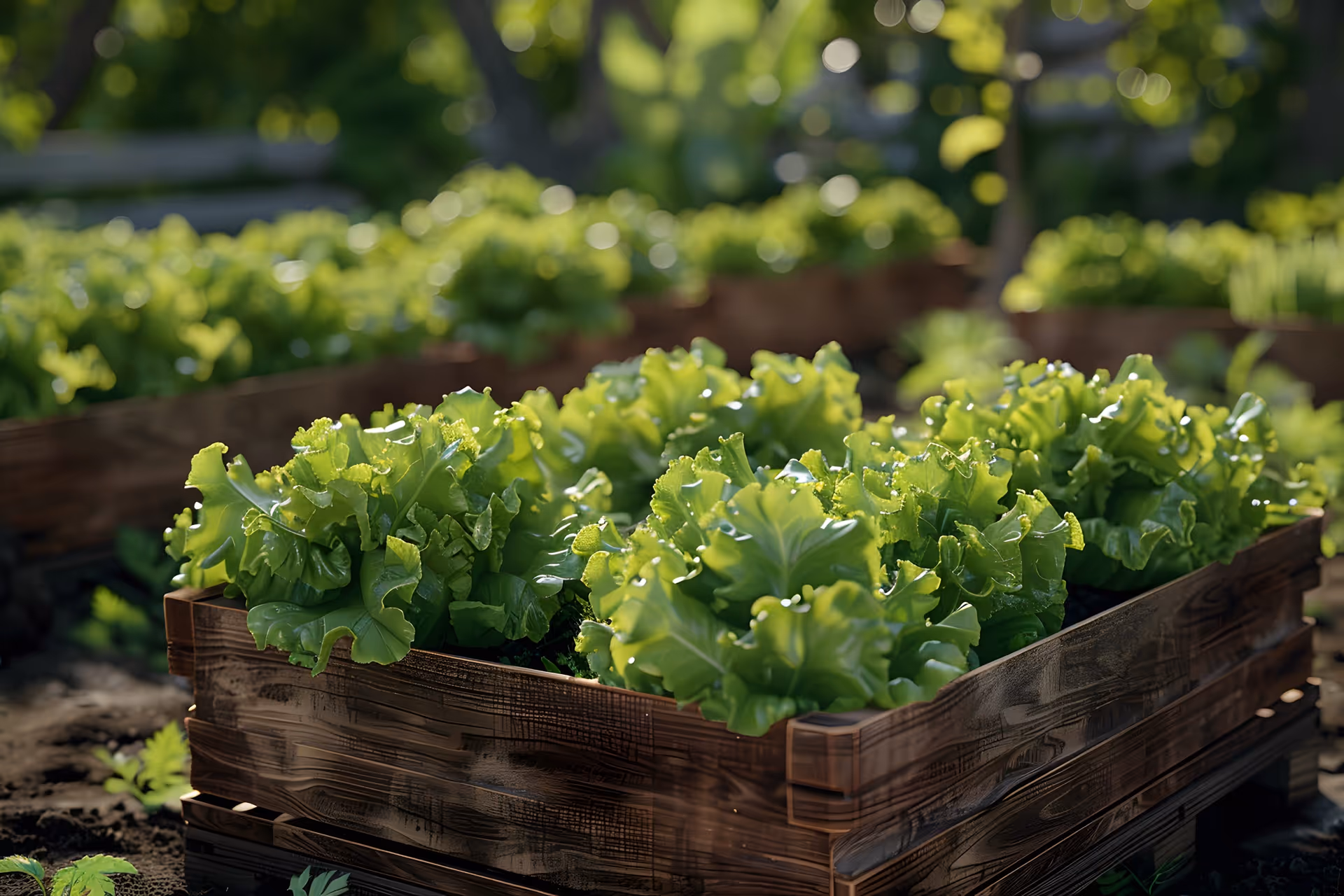 Ferske, grønne salatplanter som vokser i en trekasse i en hage.