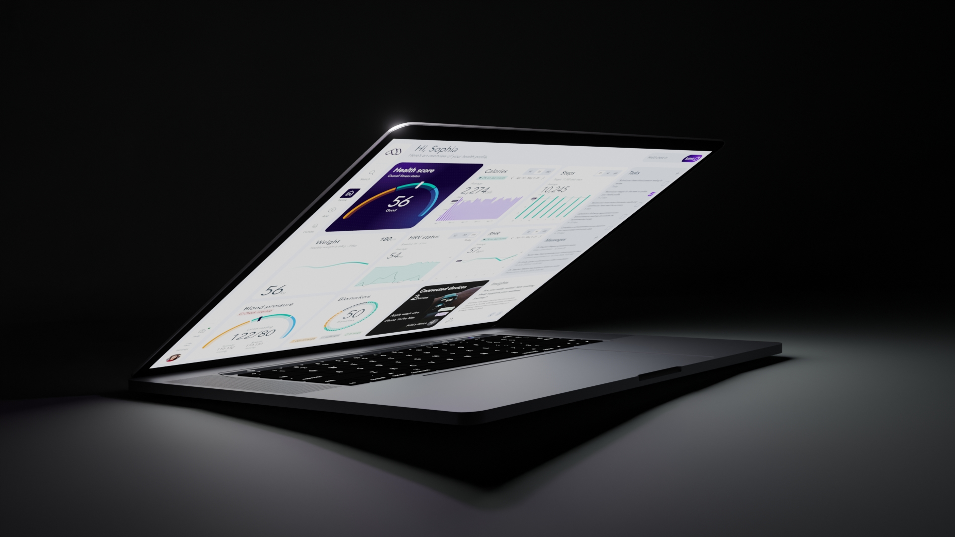 Modern laptop displaying a health dashboard UI with various charts, graphs, and progress indicators on a dark, gradient purple background.