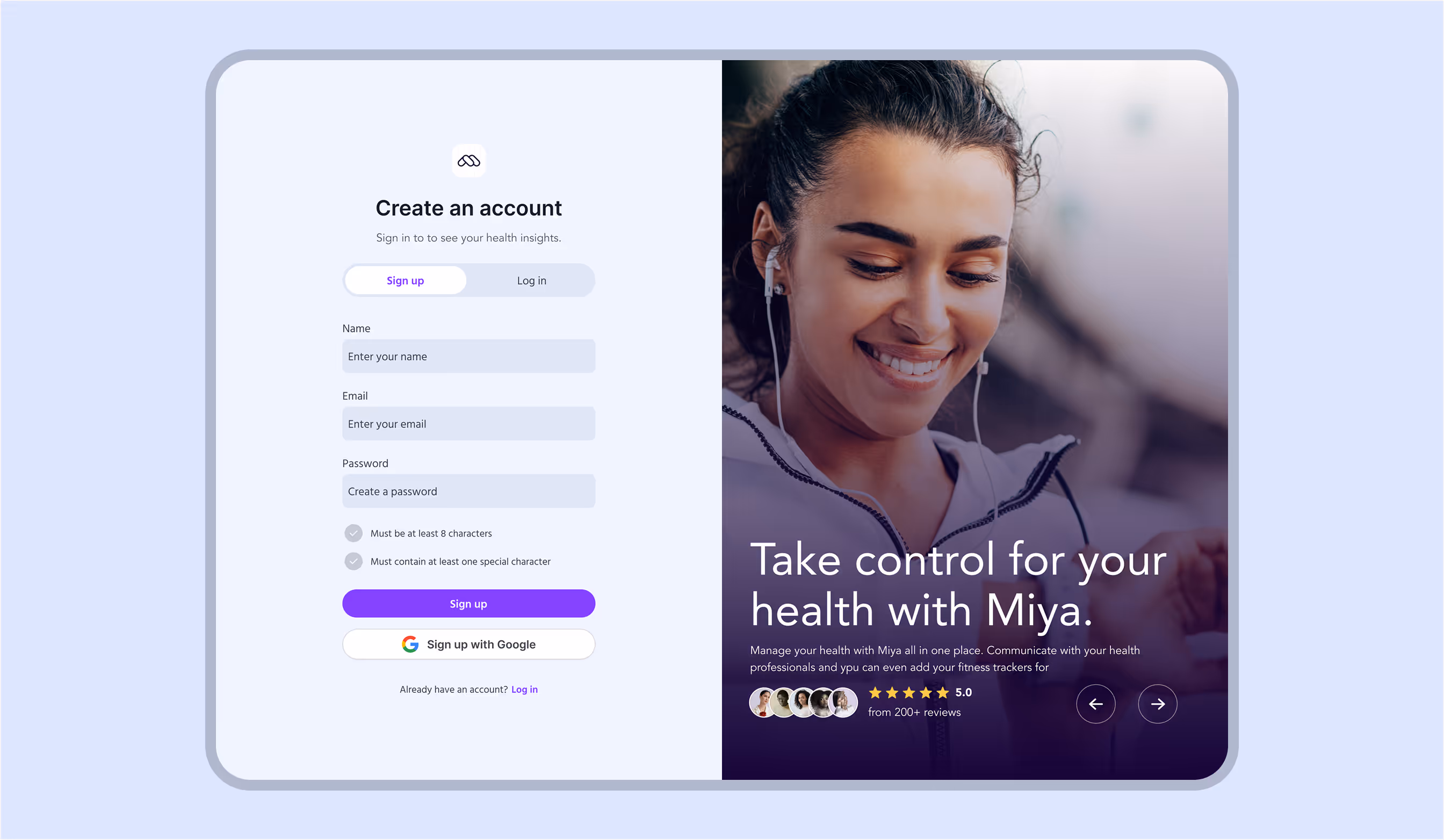Miya health app desktop sign-up screen showing account creation form, patient login option, and a motivational image of a woman smiling.