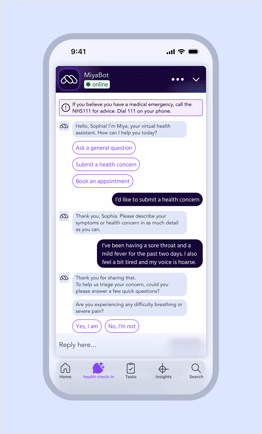 Miya app chat interface featuring a virtual health assistant chatbot conversation, where a user reports symptoms and receives triage questions.