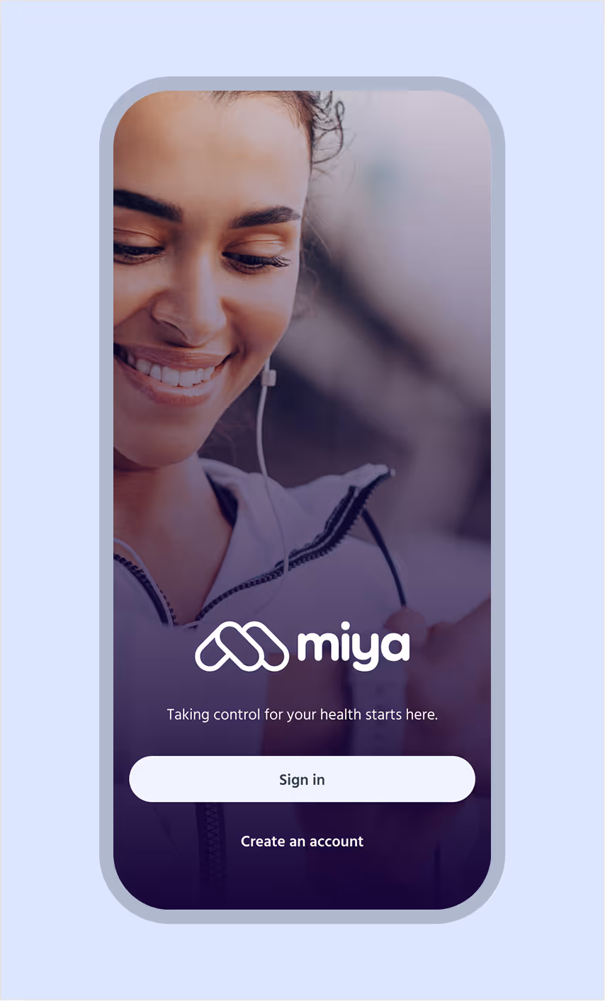 Miya app mobile login screen with a smiling woman in the background, app logo, and options to sign in or create an account.