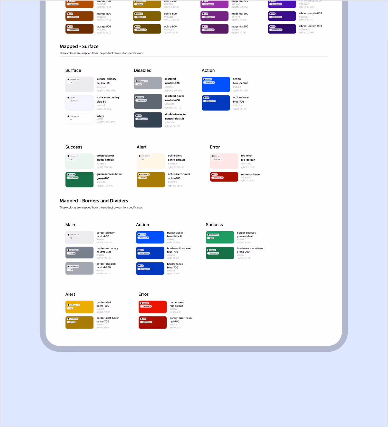 Colour tokens for UI surfaces, actions, alerts, and states.