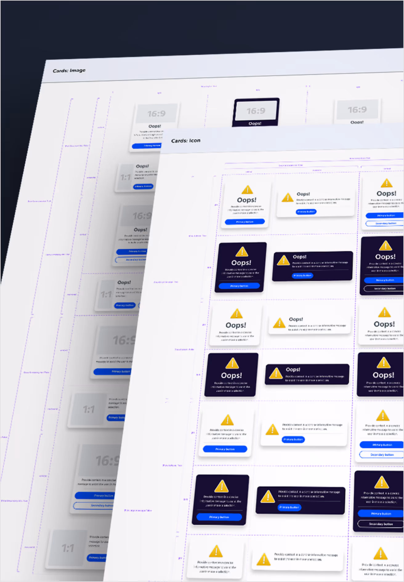 UI cards in various layouts, colours, and warning states.