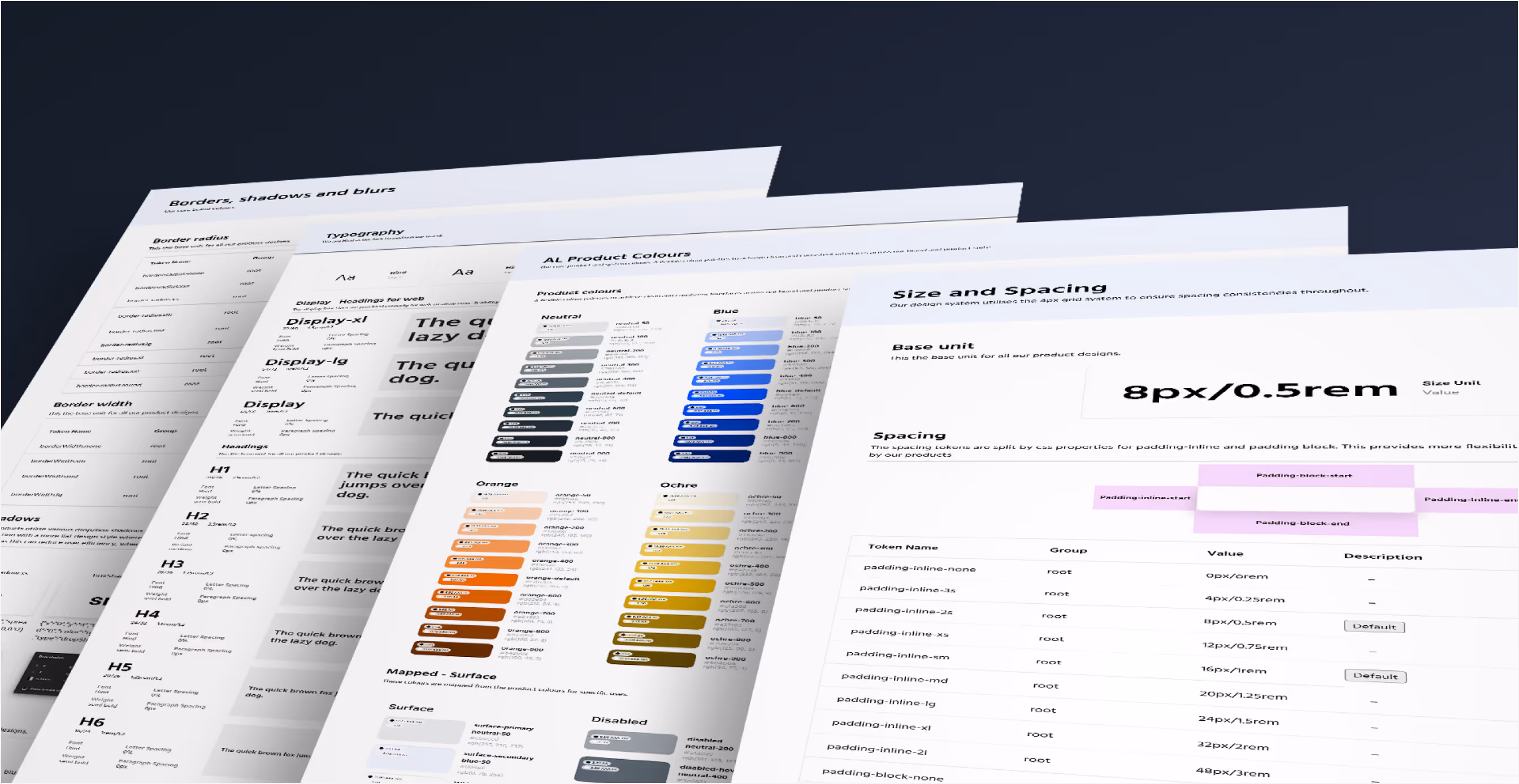 Design system sheets for typography, colours, and spacing.