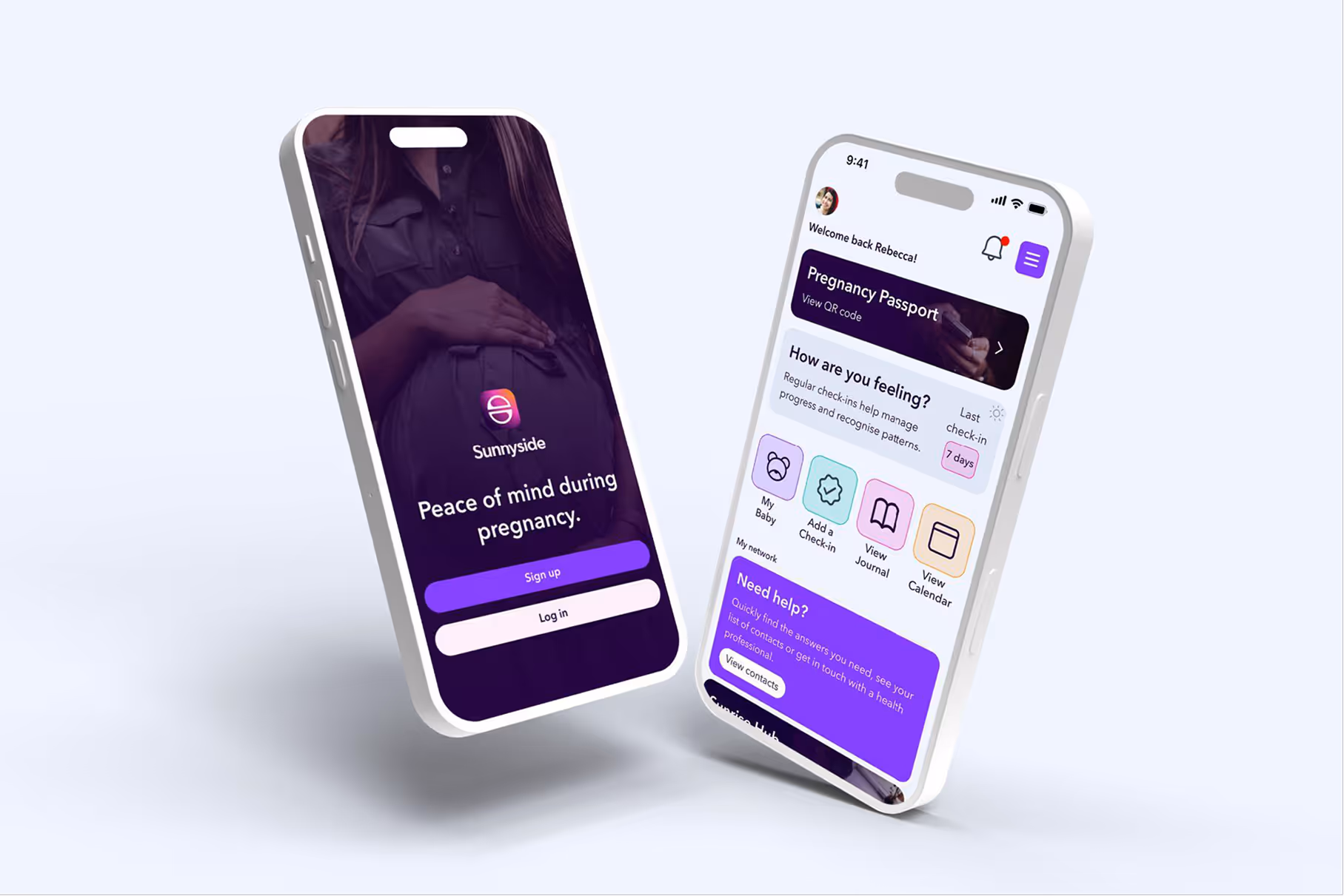 Two phones with pregnancy app: login and home screens.”