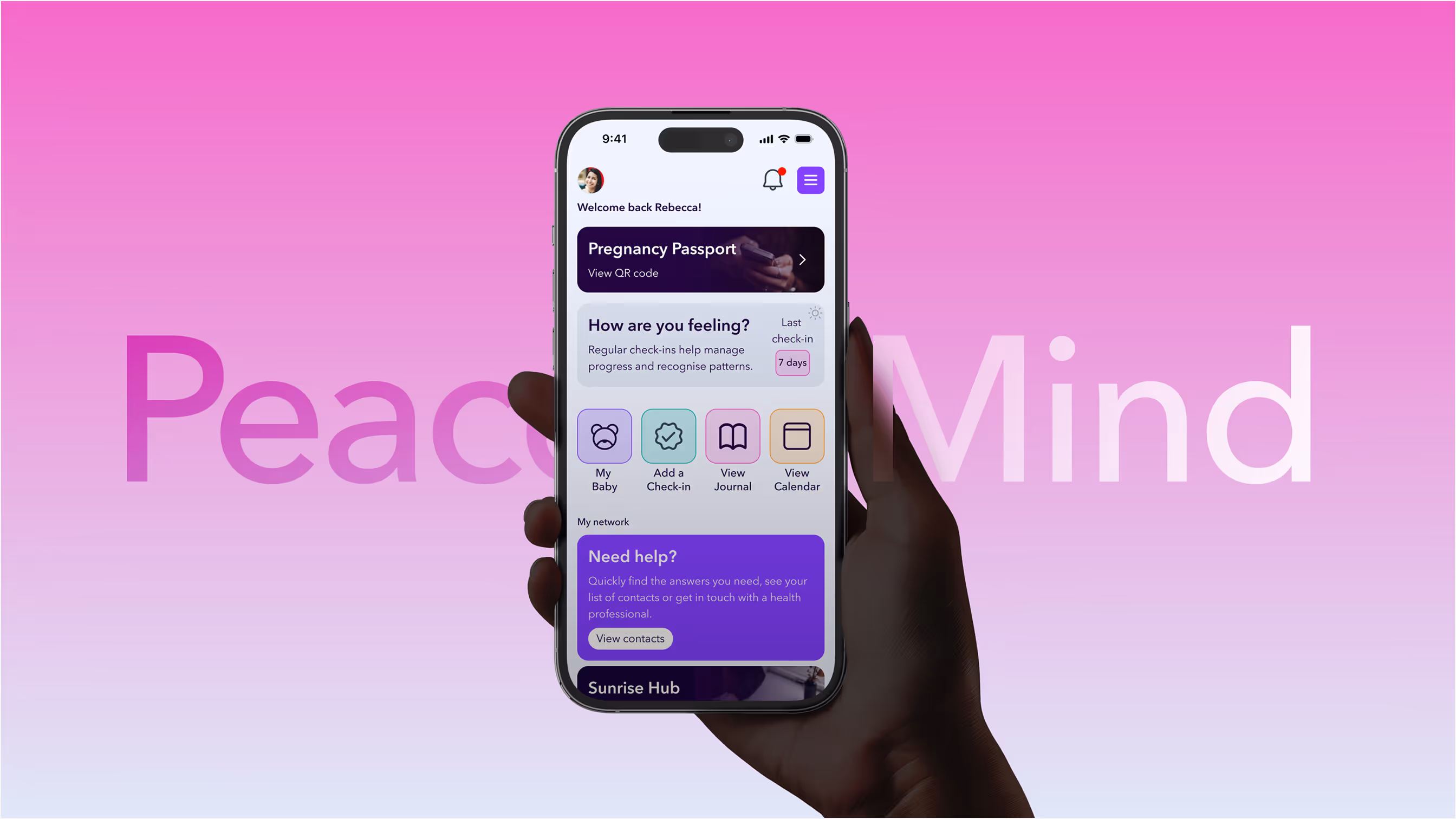 Hand holding phone showing pregnancy app home, pink gradient background