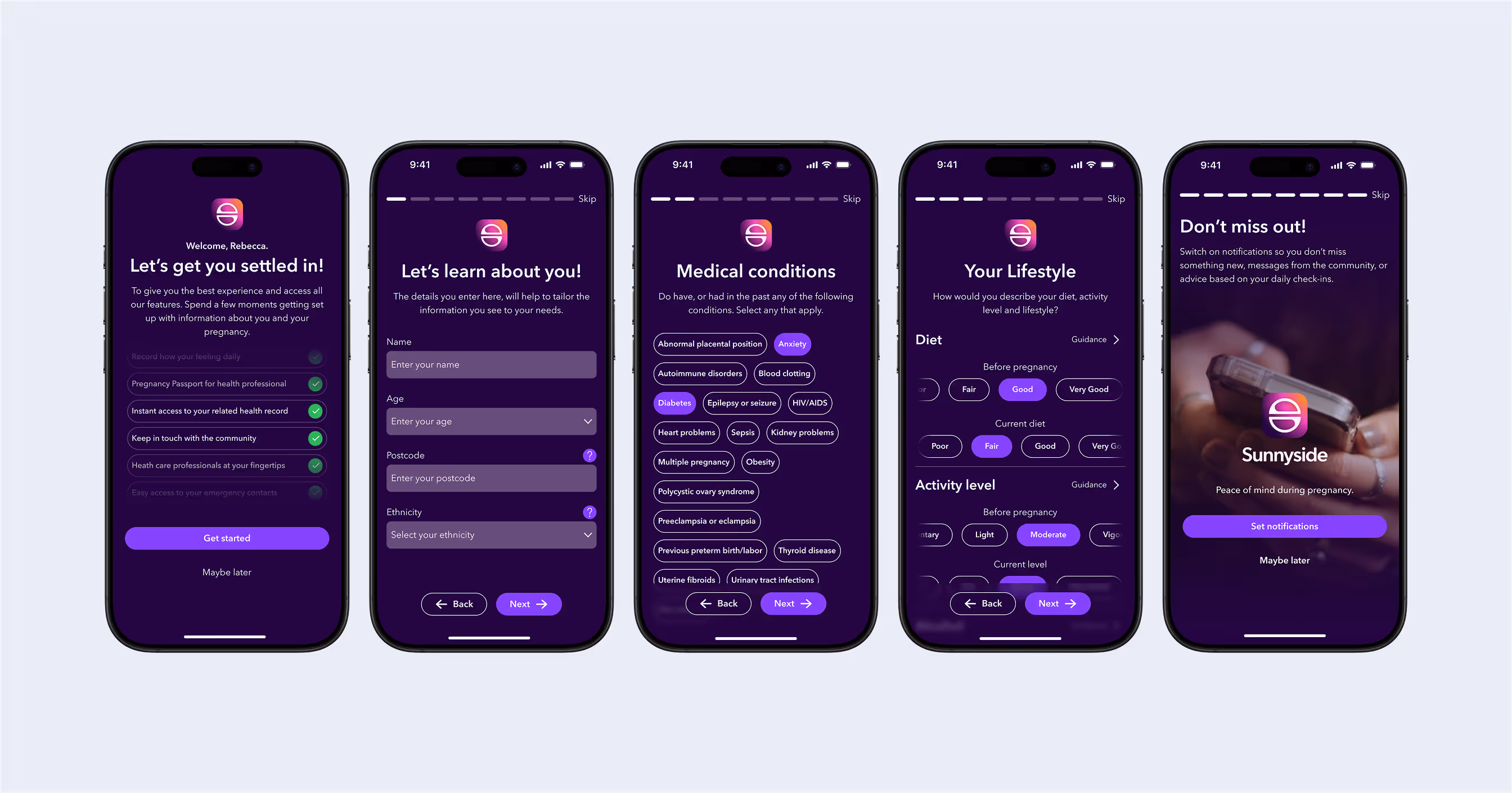 Five side-by-side pregnancy app screens showing the shortened onboarding process.