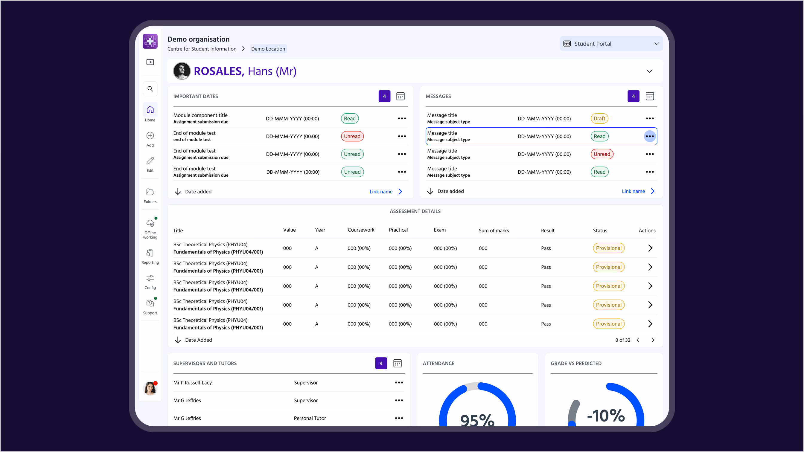 Student dashboard listing module dates, grades, and messages.