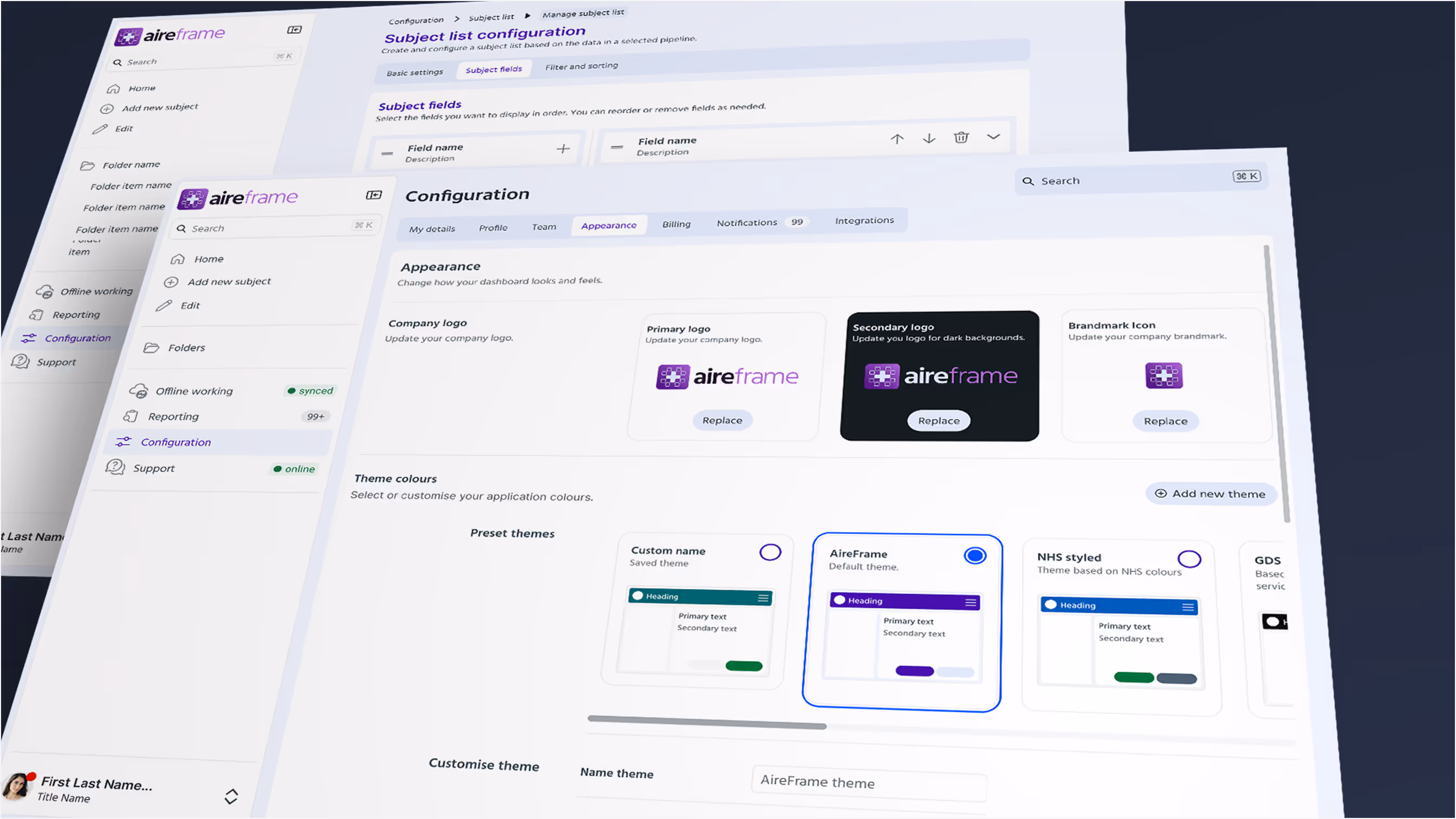 AireFrame configuration screen showing logo and theme settings.