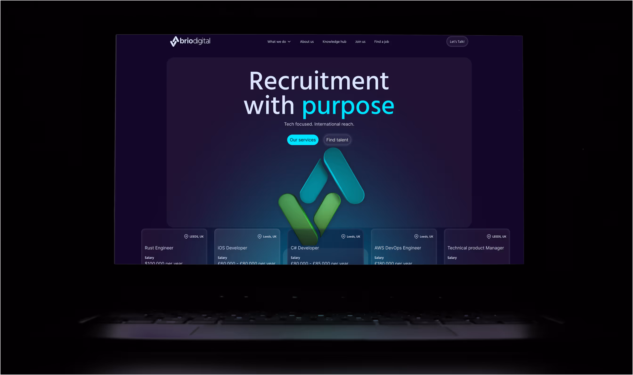 Homepage with tagline, brand logo, and tech job cards.