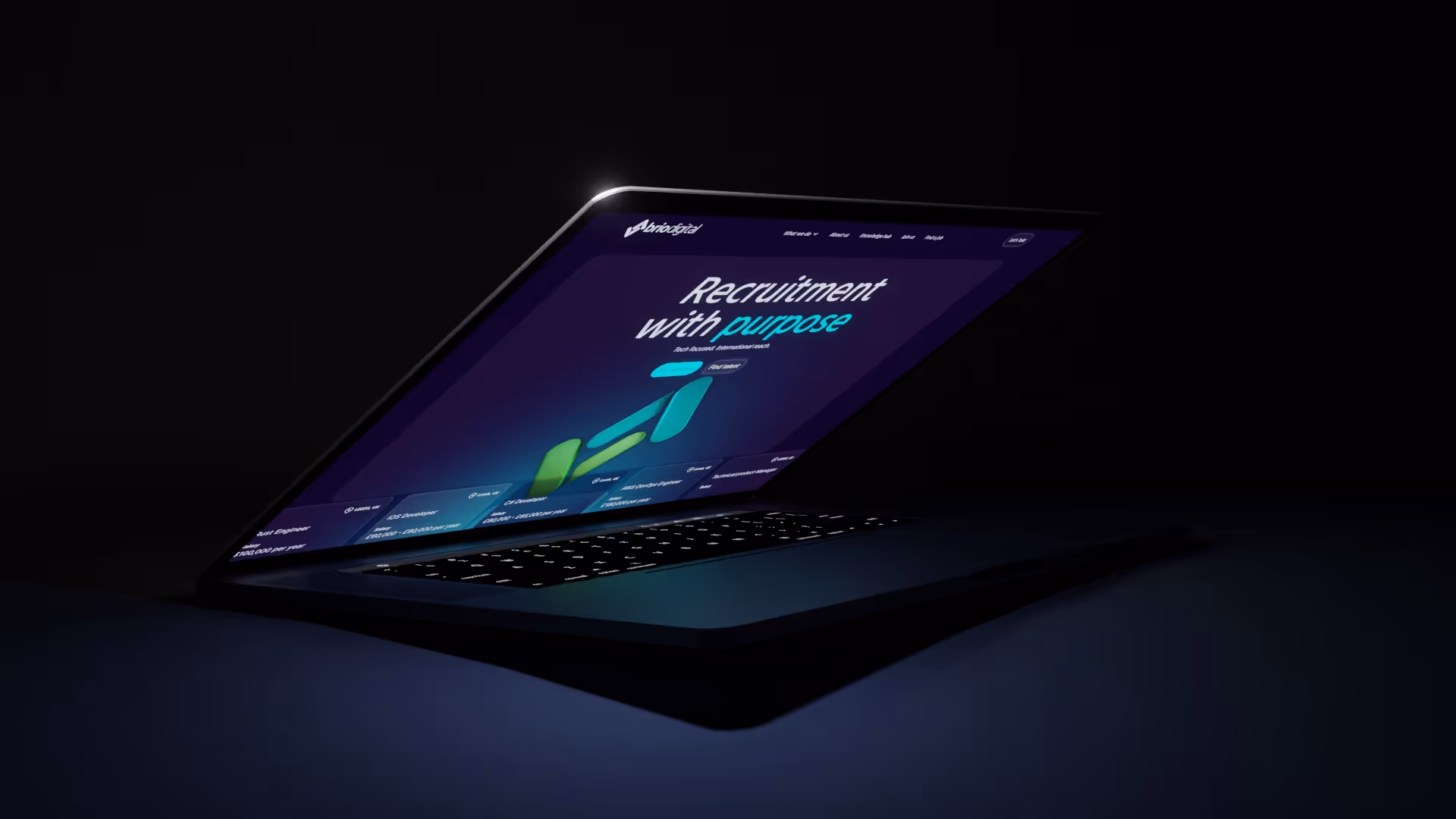 Homepage with tagline, brand logo, and tech job cards.