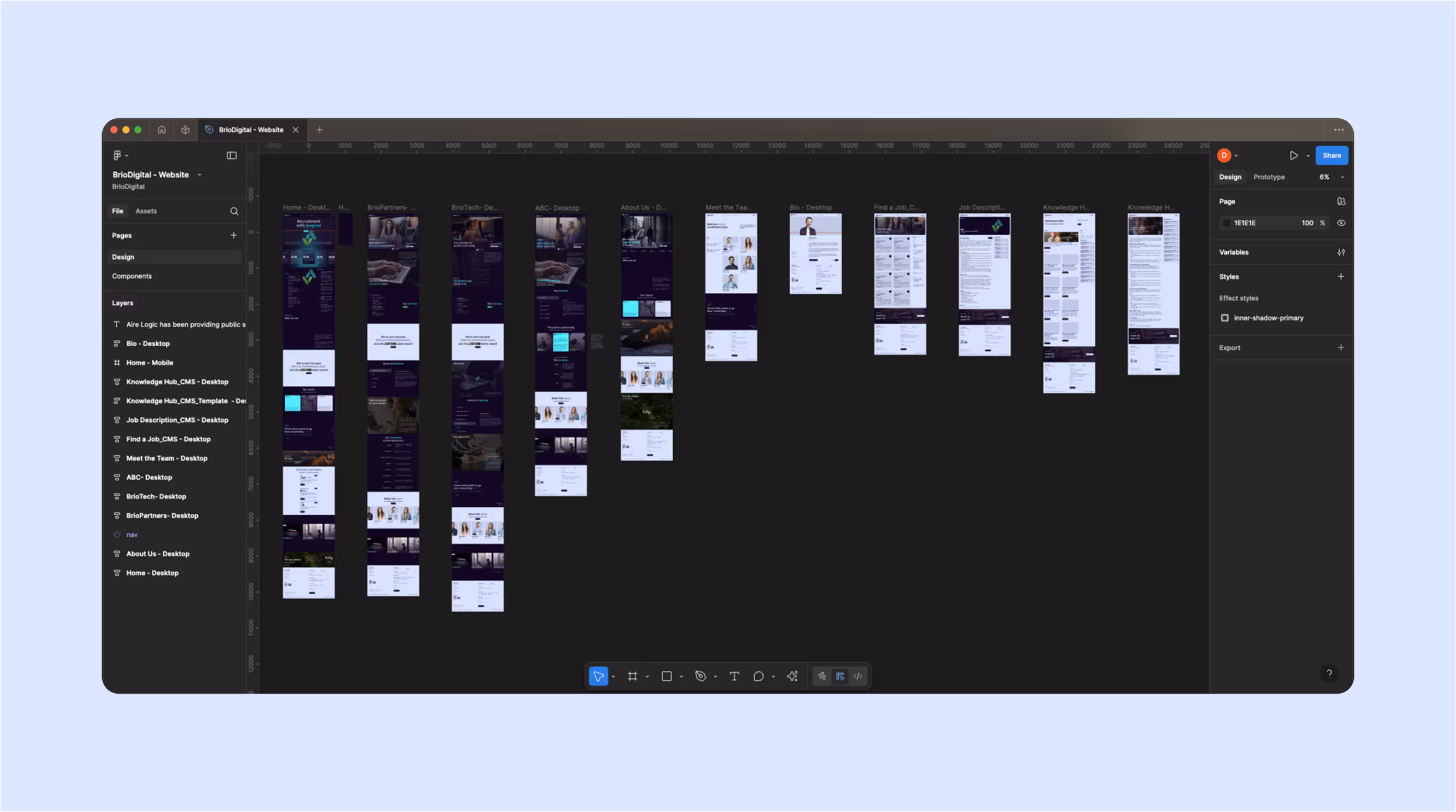 Figma file showing desktop layouts for Brio Digital website.