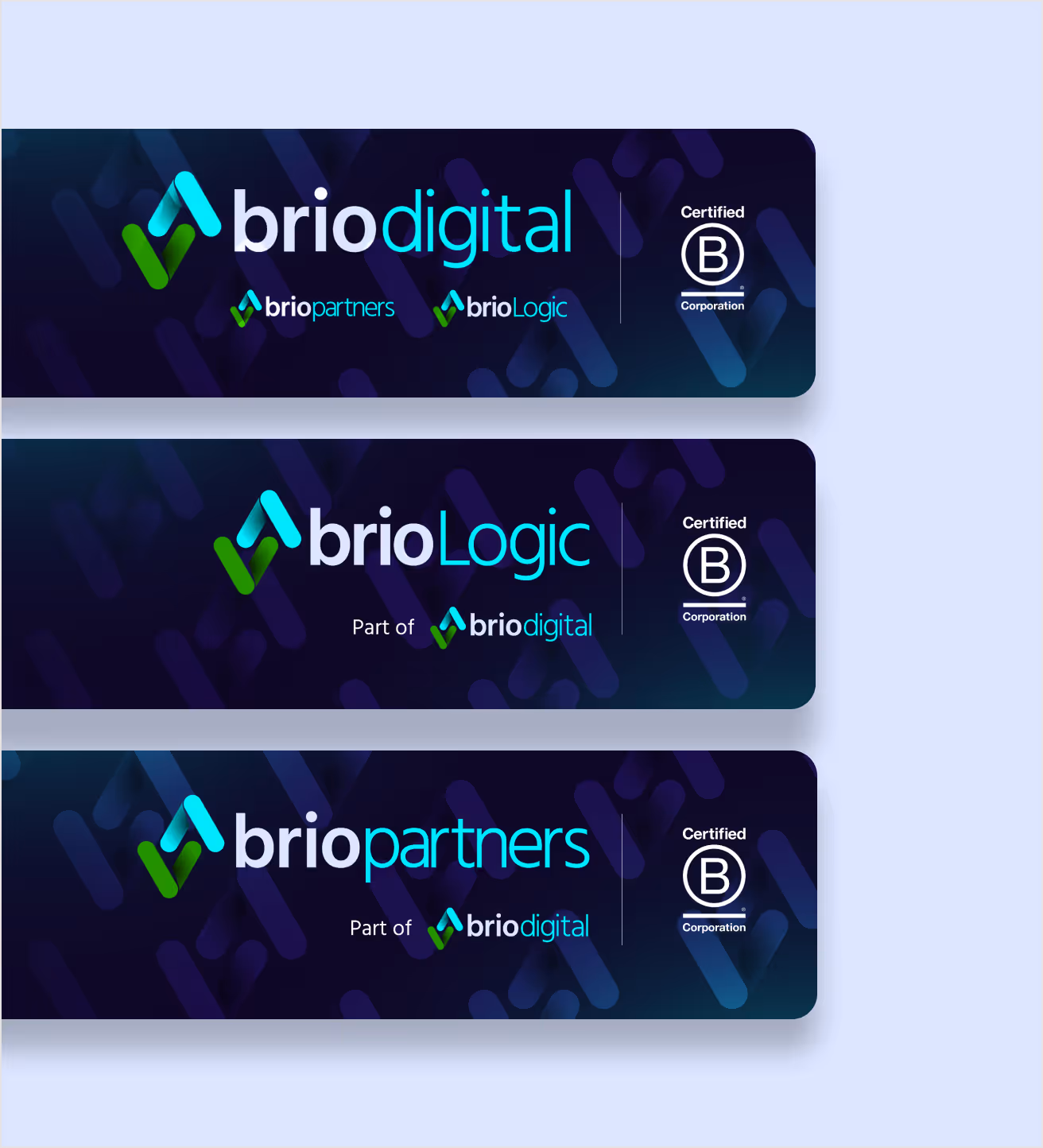 Three social media artwork pieces stacked up showing Brio Digital, Brio Partners and Brio Logic