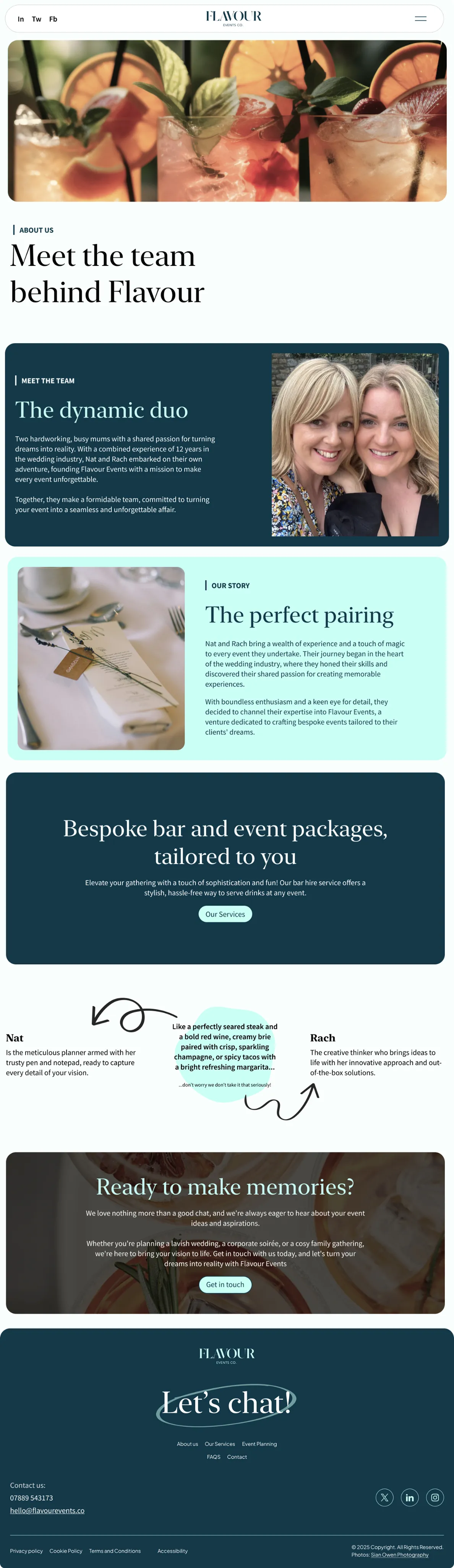 About Us page featuring team bios and event packages