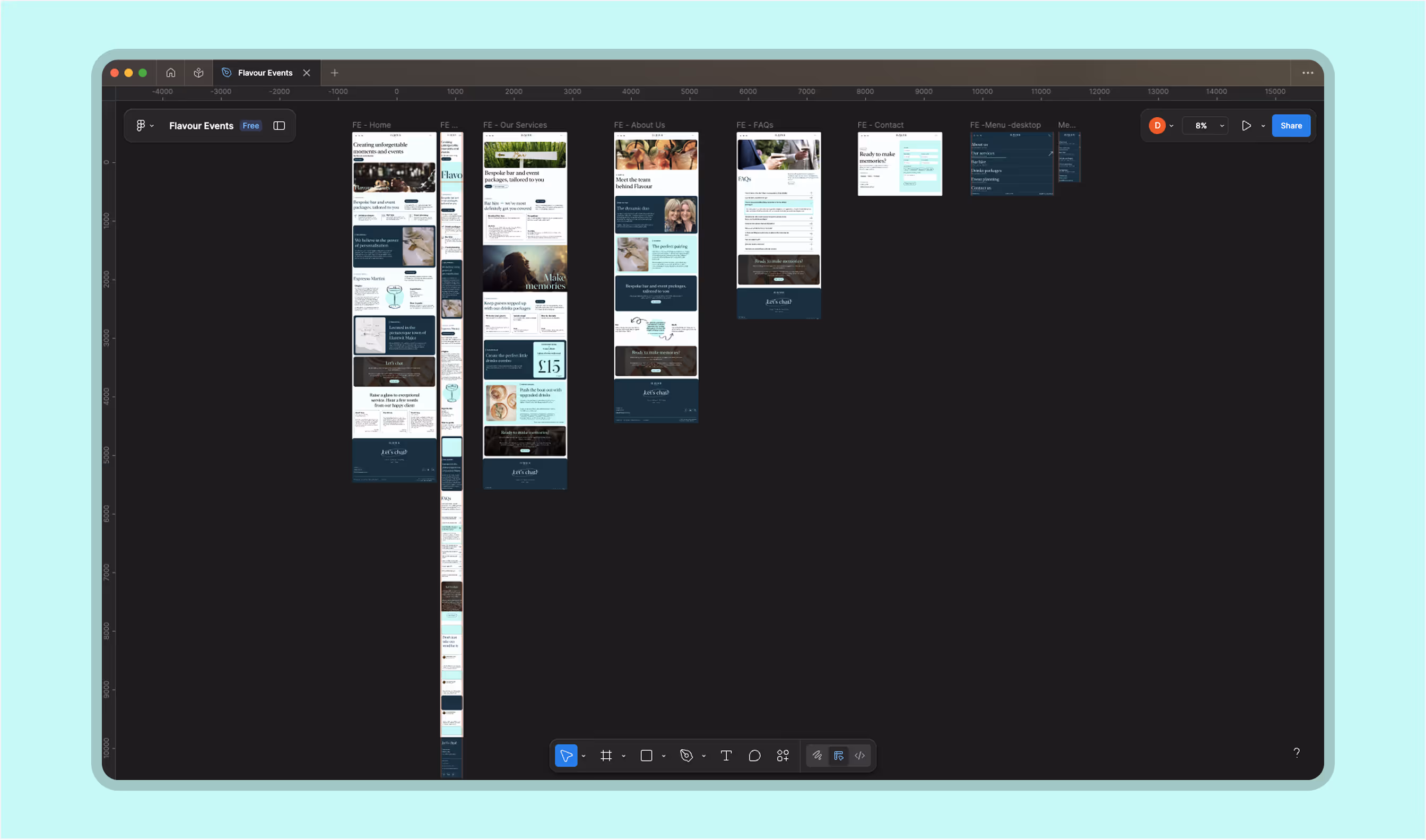 Figma file with Flavour Events desktop website layouts.