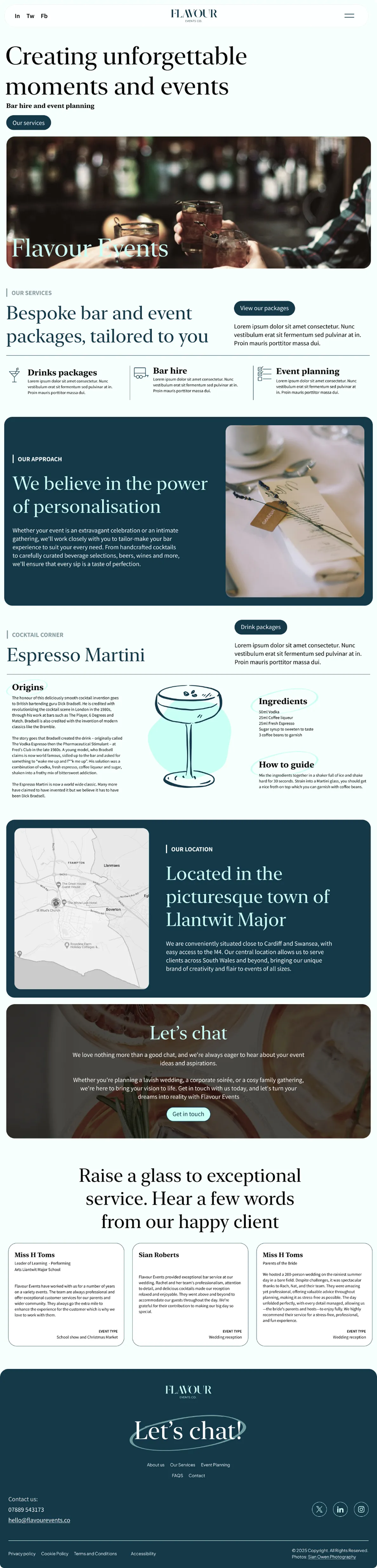 Flavour Events homepage with services, testimonials, and contact.