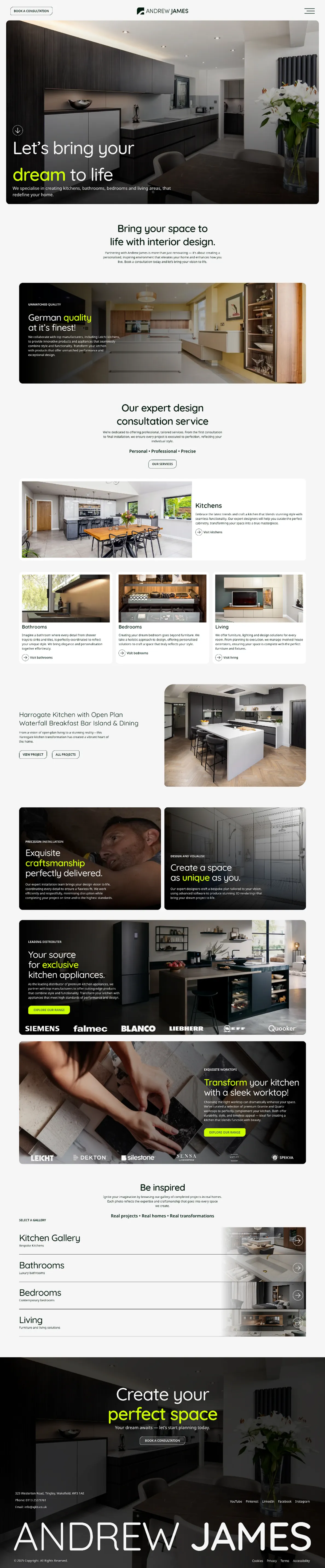 Andrew James website homepage with kitchen and consultation.