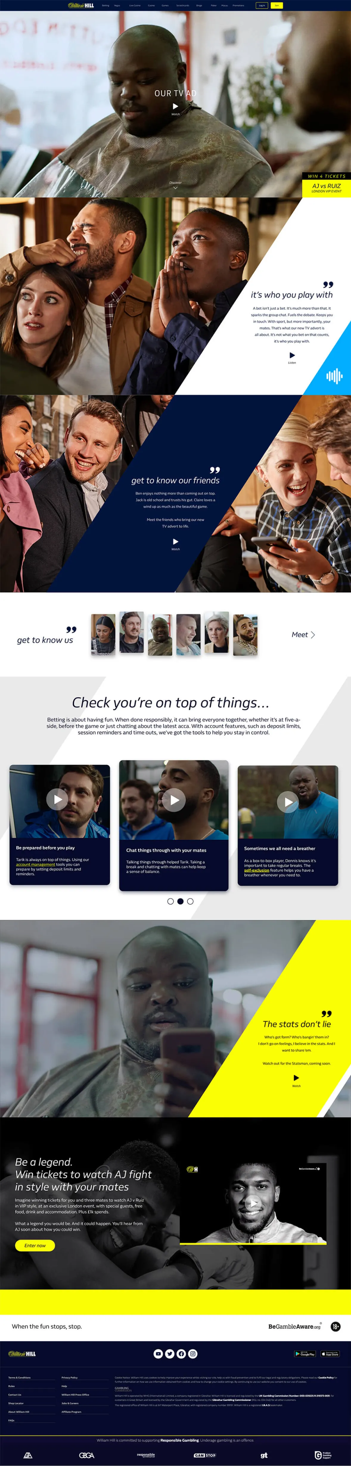 Full-page website for William Hill Brotherhood community campaign launching "It's who you play with" with people and quotes.