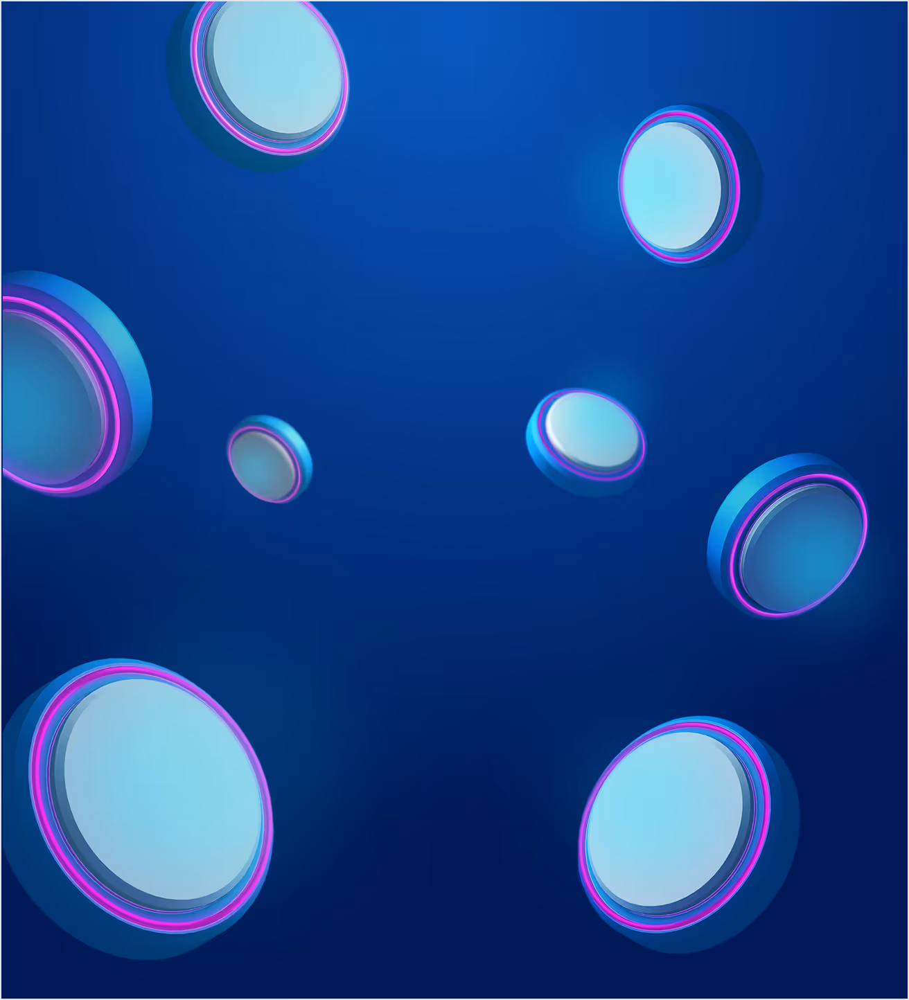 Flying blue and purple game discs on blue background.