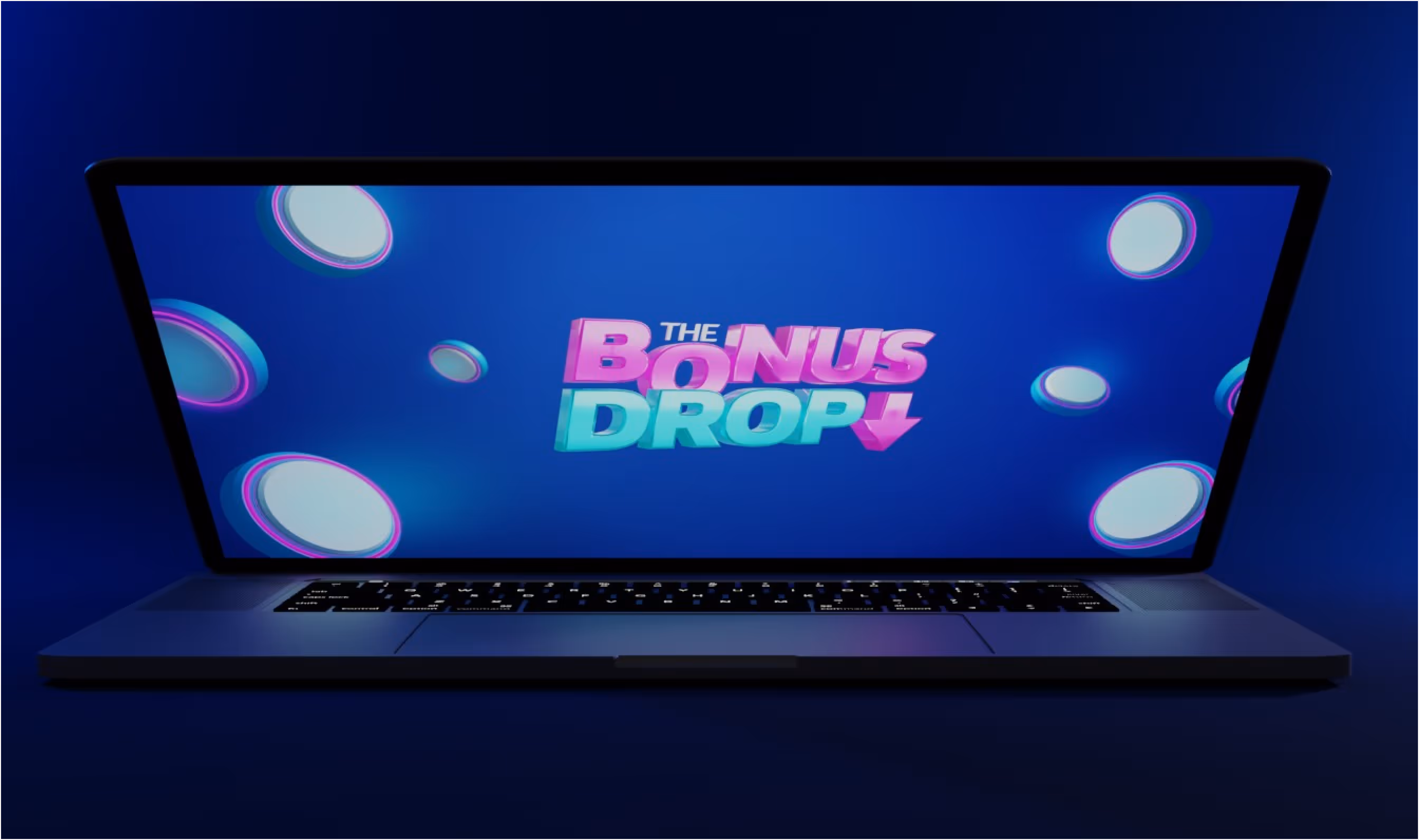 Laptop displaying Bonus Drop logo and discs.