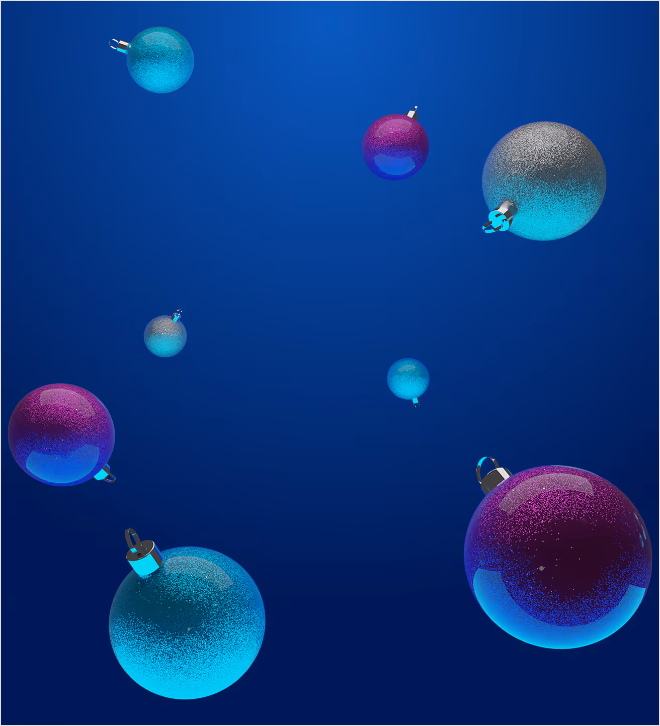 Floating blue and purple game baubles on blue background.