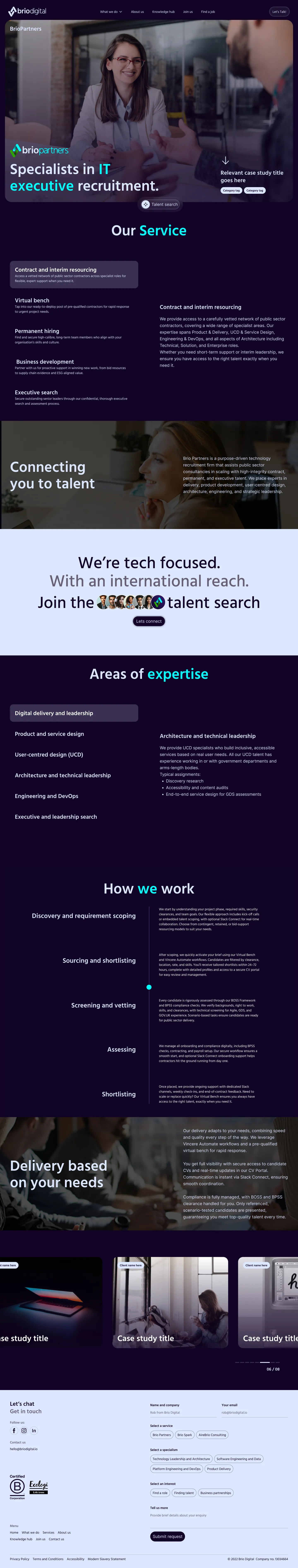 Expertise section with service categories and details.