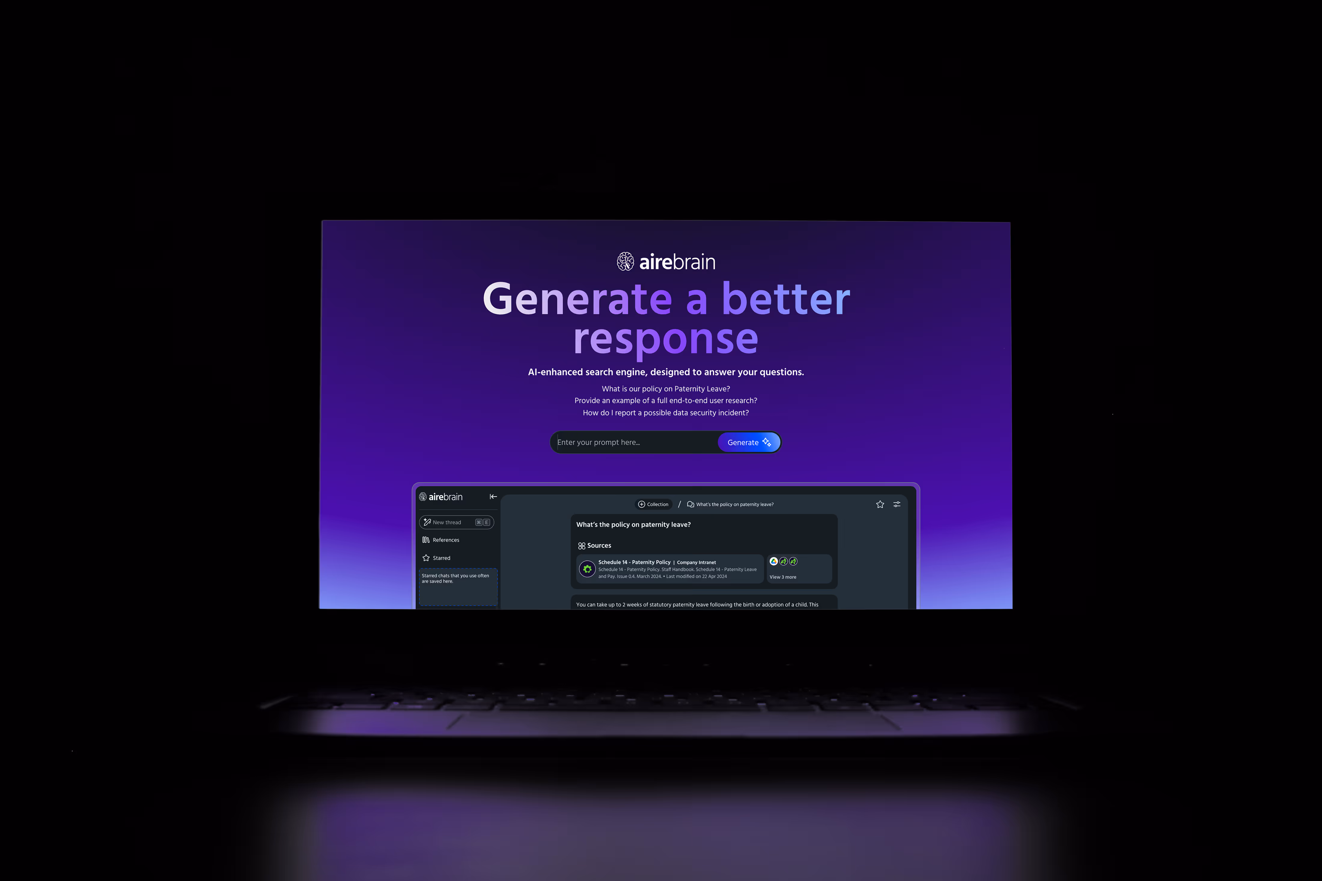 Laptop displaying AireBrain landing page with an AI prompt. and the AireBrain interface.