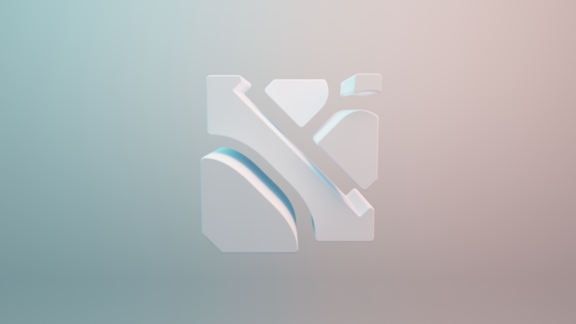 Three-dimensional abstract geometric shapes in white with soft blue and pink lighting on a gradient background.