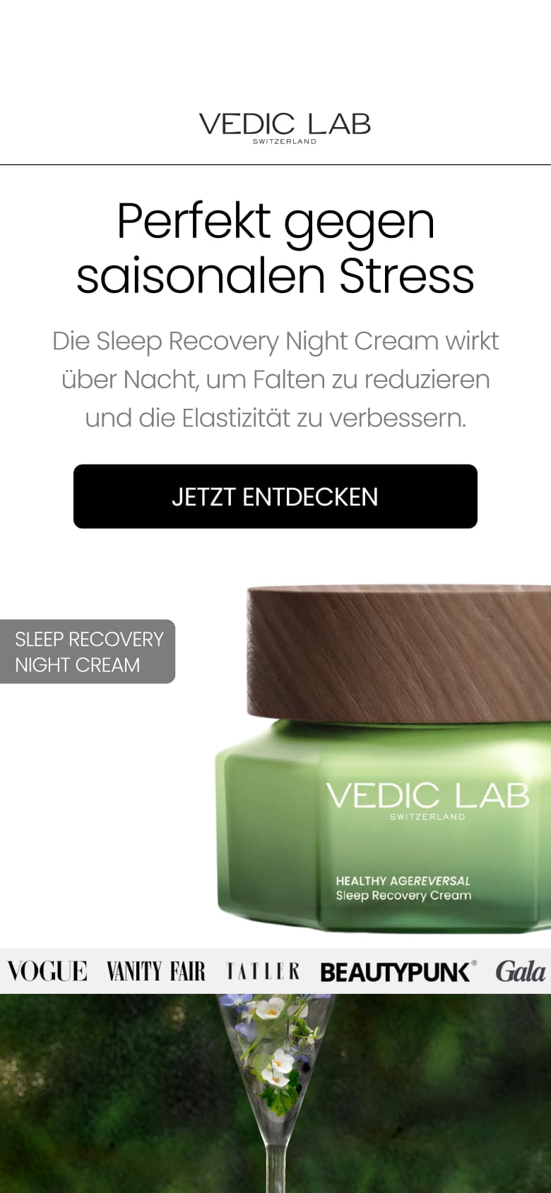 Vedic Lab Sleep Recovery Night Cream jar with wooden lid, promoting reduction of wrinkles and improved skin elasticity overnight, against seasonal stress.