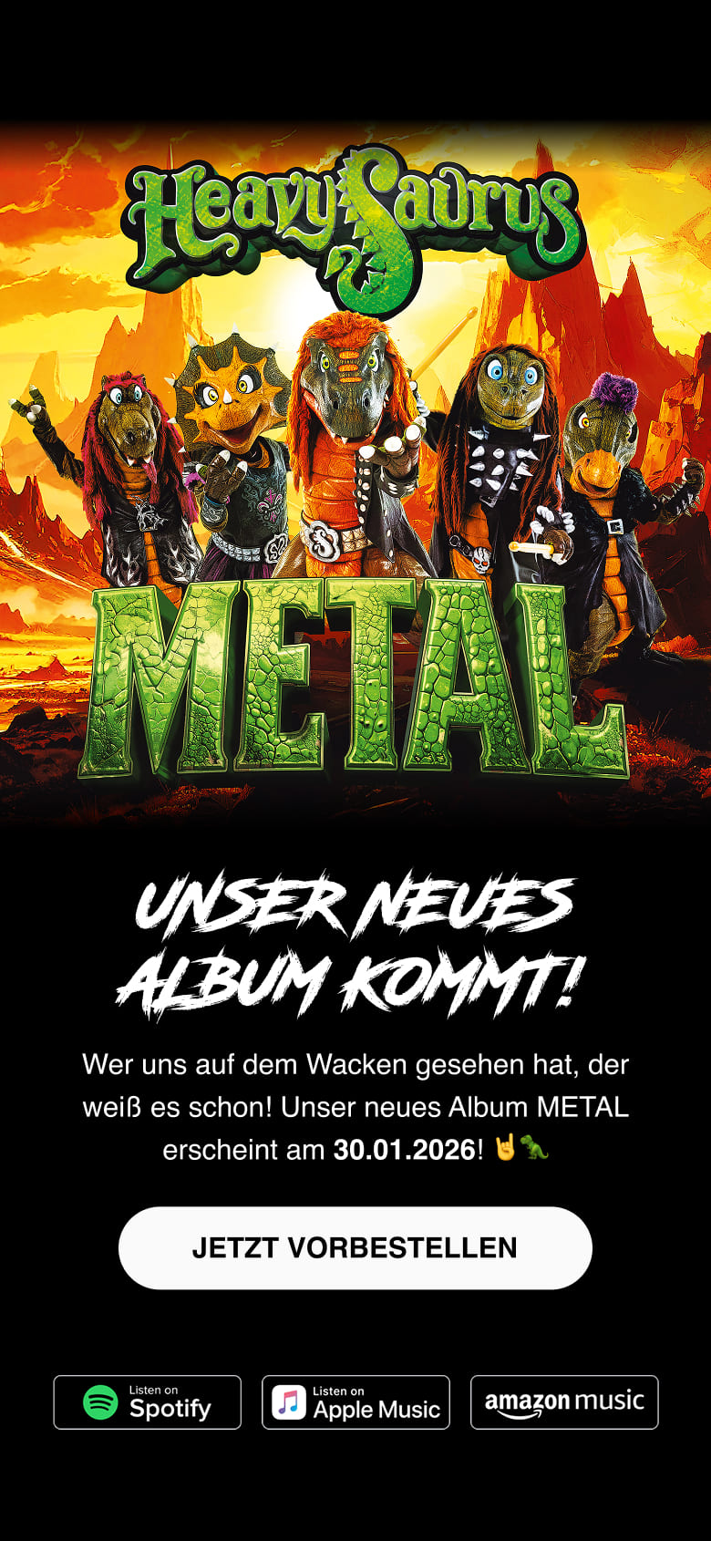 HeavySaurus band members in dinosaur costumes with 'METAL' text and announcement of new album release on 30.01.2026.