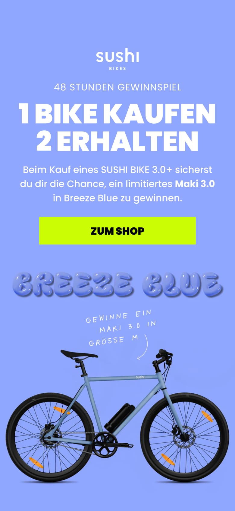 Promotional ad for Sushi Bikes offering a 48-hour giveaway: buy one Sushi Bike 3.0+ and get a chance to win a limited edition Maki 3.0 bike in Breeze Blue, size M, with a light blue bicycle image below.
