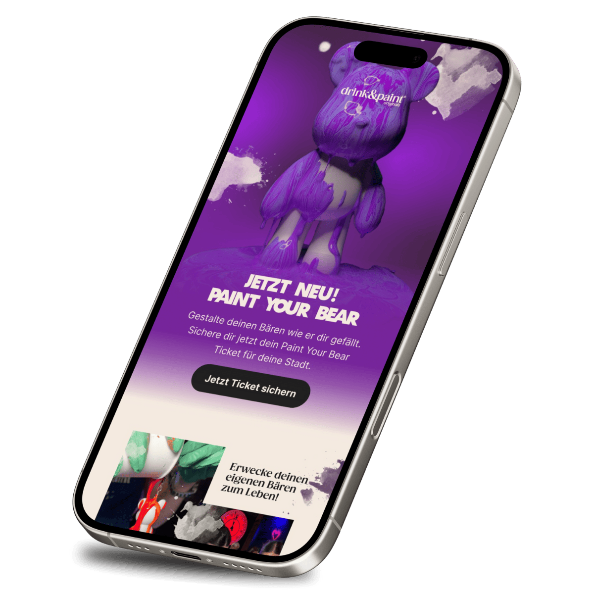 Smartphone screen showing a purple-themed ad for 'Paint Your Bear' event by drink&paint with a bear figure covered in purple paint and a button to secure tickets.