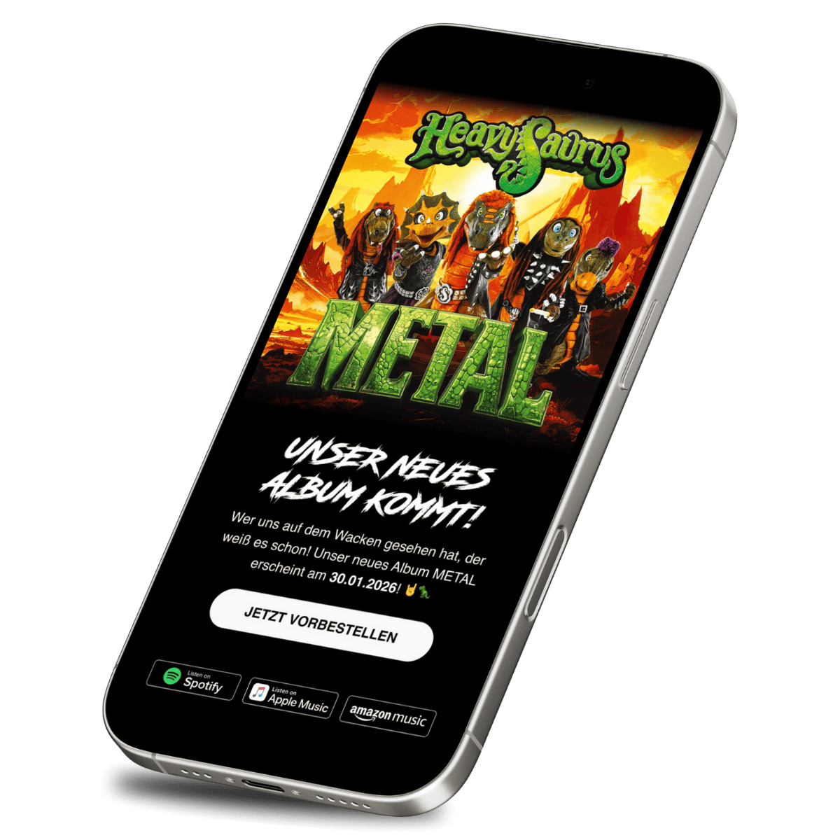 Smartphone screen showing HeavySaurus Metal album cover with dinosaur characters in metal attire and text announcing new album release on 30.01.2026 with pre-order and music service buttons.