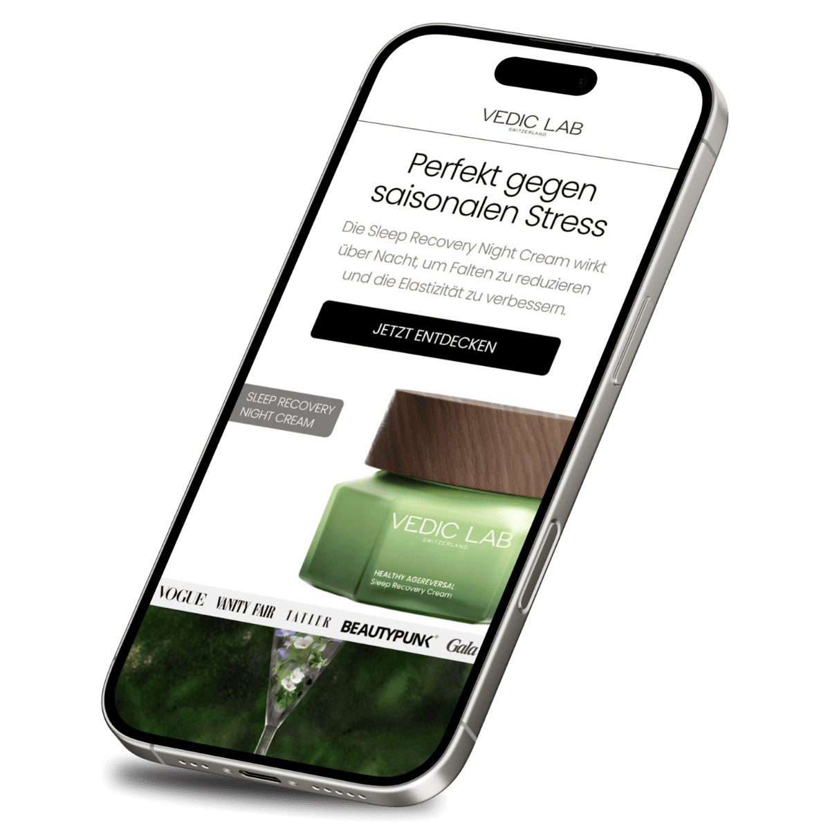 Phone screen displaying Vedic Lab's Sleep Recovery Night Cream ad with text in German and an image of the green cream jar with a wooden lid.