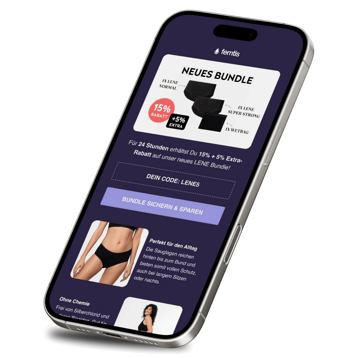 Smartphone screen displaying Femtis ad for new bundle of black LENE underwear with 15% plus 5% extra discount and promo code LENE5.