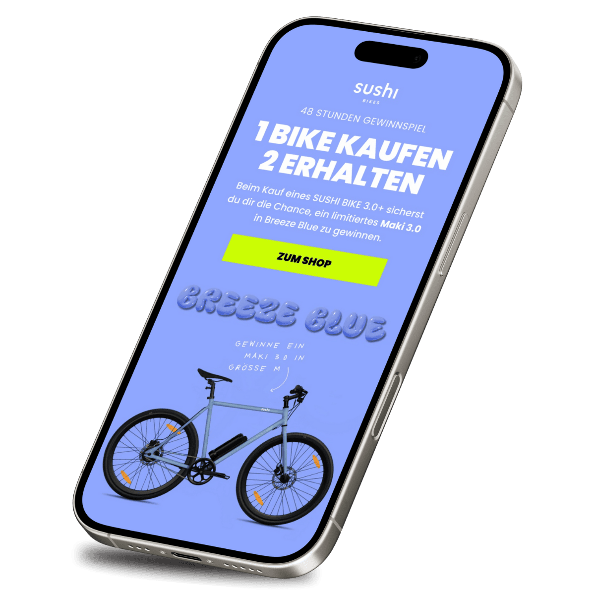 Smartphone screen showing a Sushi Bikes promo in German offering a 48-hour giveaway to win a limited edition Breeze Blue M size Maki 3.0 bike with buy one get two offer.