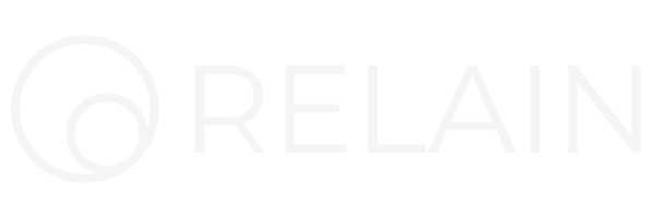 Relain company logo with a stylized circular emblem to the left.