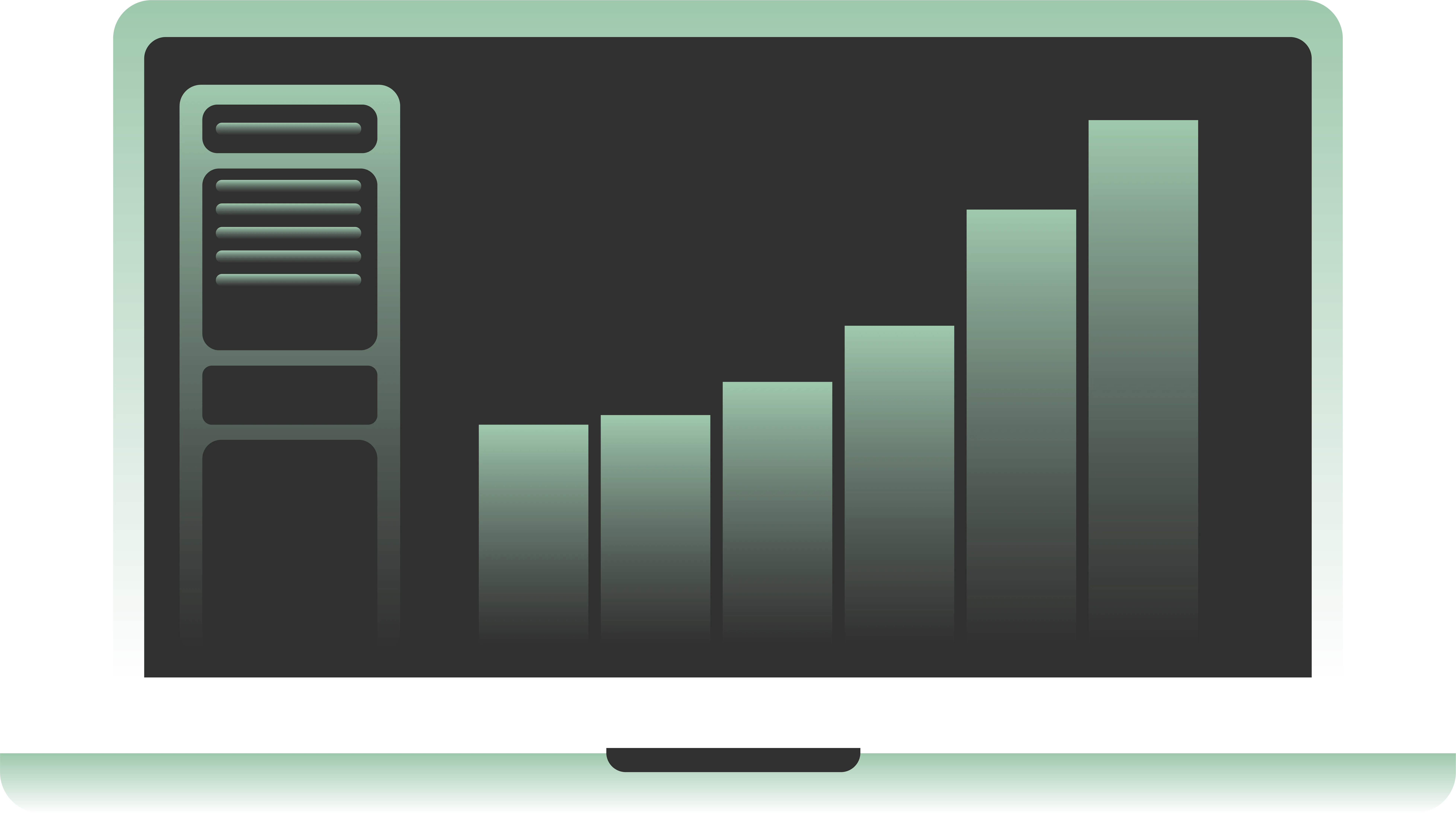 Laptop displaying a rising bar chart with six bars and a sidebar panel on the left side.