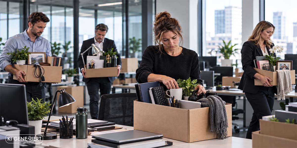 Mehrere Mitarbeiter räumen nach einer Firmeninsolvenz ihre Arbeitsplätze und packen persönliche Gegenstände und Büromaterialien in Umzugskartons.