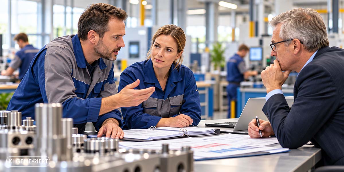 Zwei Mitarbeiter und eine Führungskraft besprechen die Metall-Tarifrunde 2026 und aktuelle Gehaltsentwicklungen in einer modernen Produktionshalle.