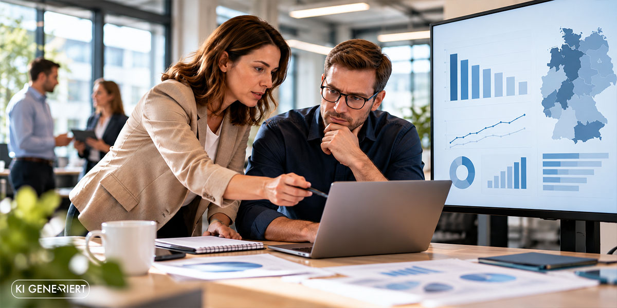 Zwei Personalverantwortliche analysieren die Entwicklung des deutschen Arbeitsmarktes bis 2027 anhand von Beschäftigungszahlen und Wirtschaftsprognosen.