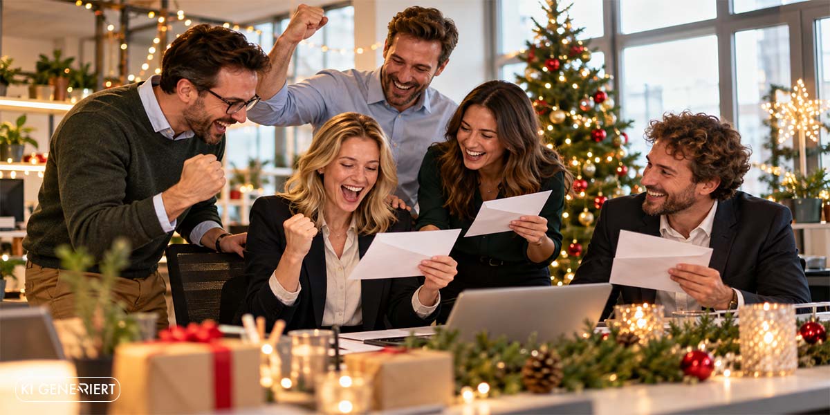 Ein Team freut sich gemeinsam über den Weihnachtsbonus und hält die entsprechenden Unterlagen in einem festlich geschmückten Büro in den Händen.