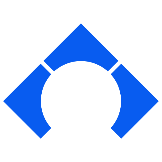 Blue geometric icon formed by four shapes creating a partial square with a circular cutout in the center.